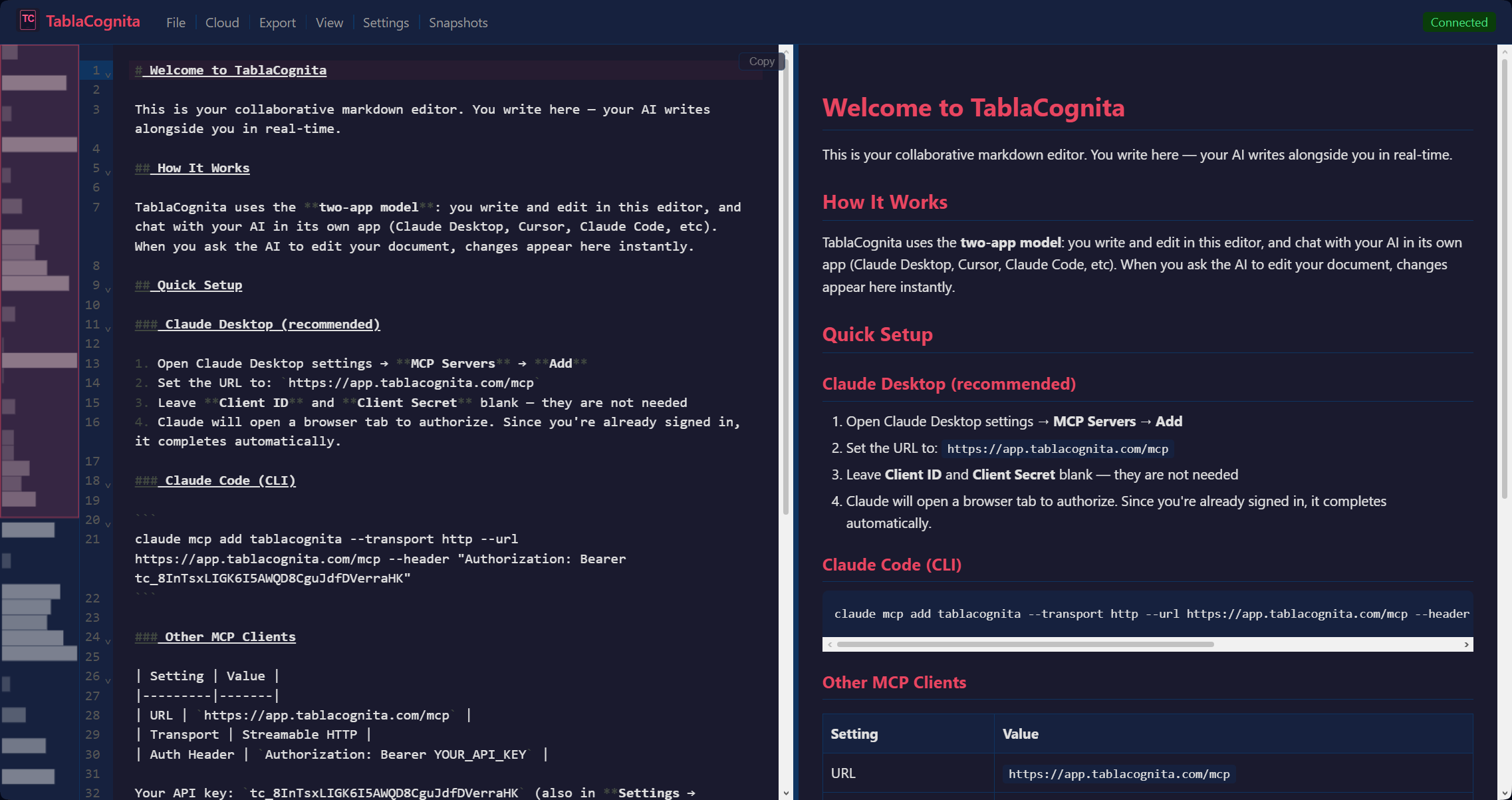 TablaCognita editor with live markdown preview